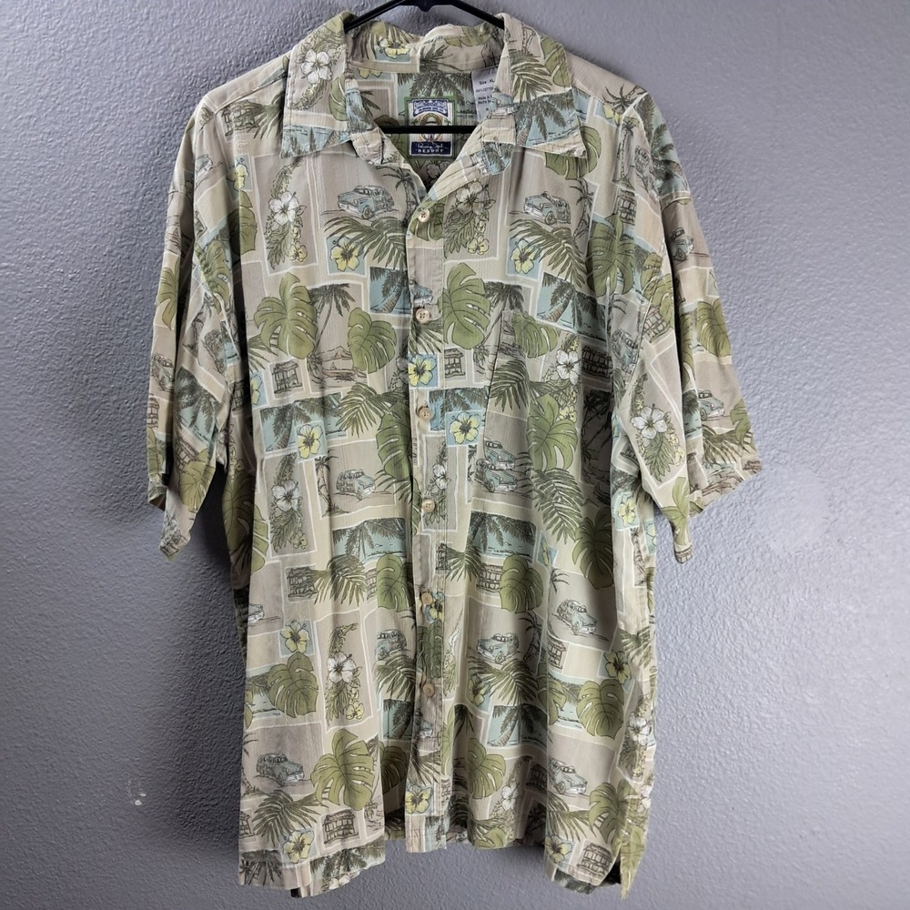 Panama Jack Resort Mens Hawaiian Shirt Palm Trees Cars Print Beige XL